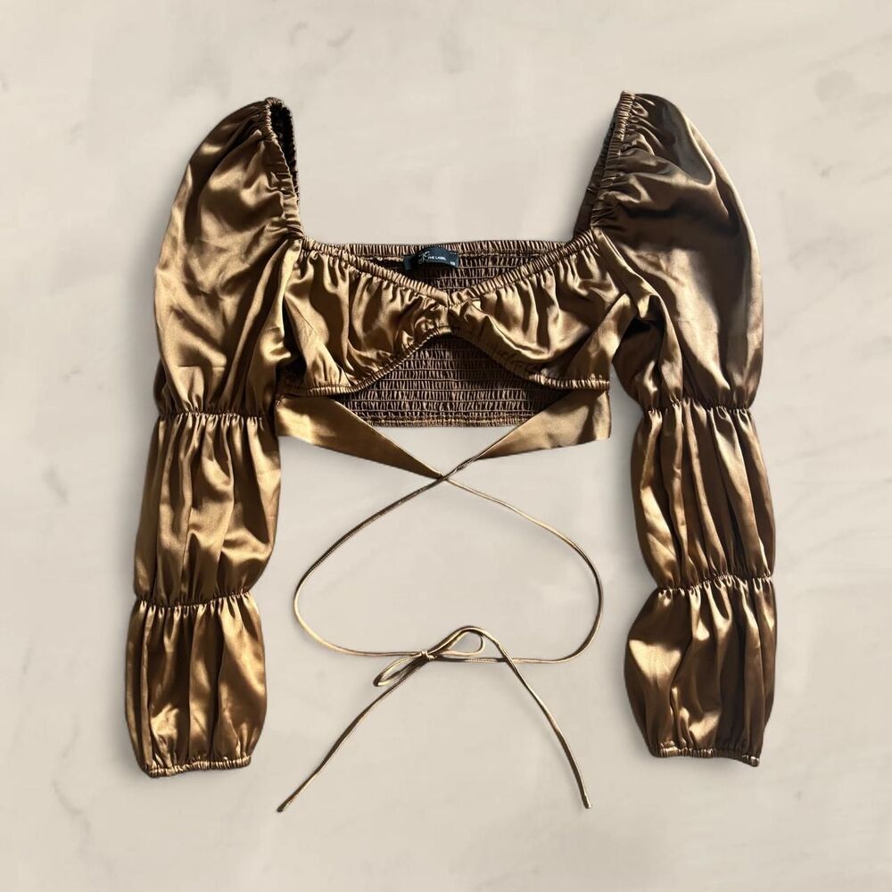 LF bronze satin puff sleeve crop wrap top size XS